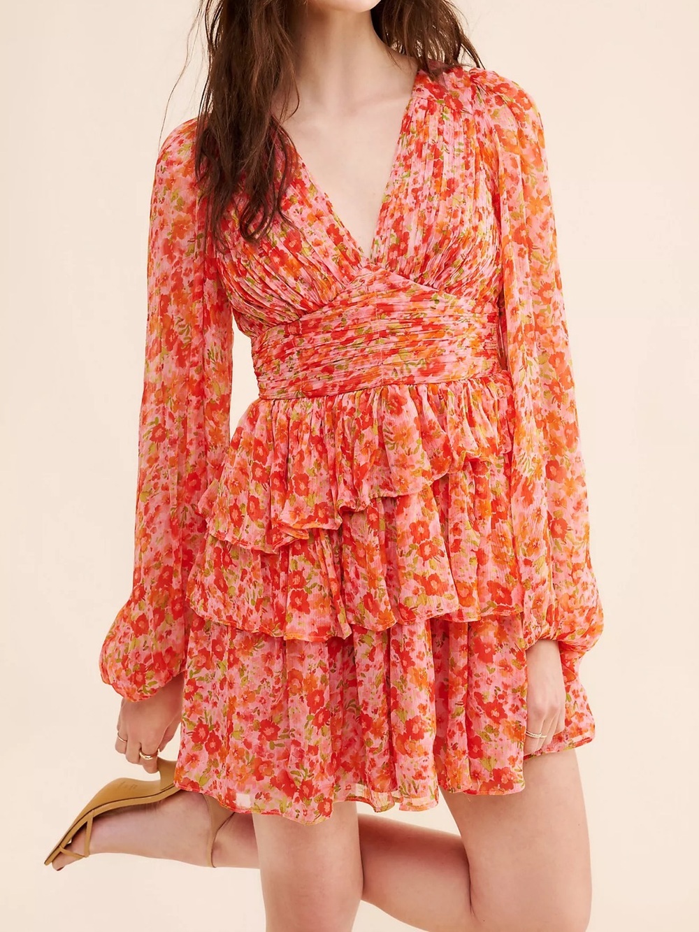 BHLDN Emmy Long-Sleeve V-Neck Tiered Mini Dress Size Small Wedding Event Date